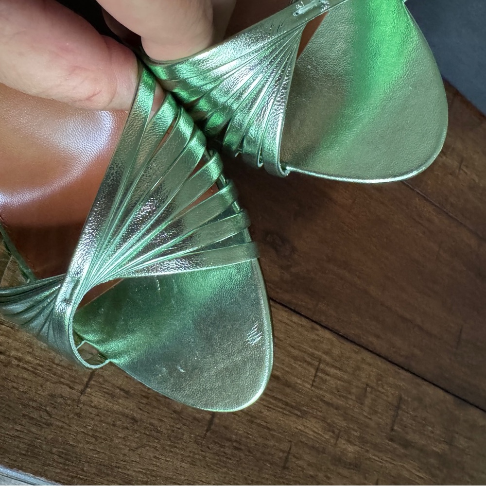Saint Laurent Metallic Green Strappy “Tina Sandals” Heels - Picture 7 of 12